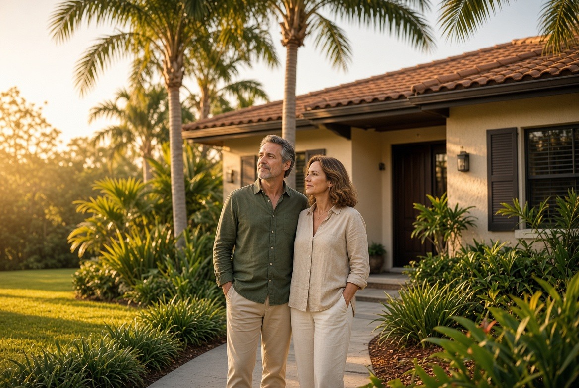 Tampa homeowners standing in front of their Florida house after learning they can keep their home in bankruptcy.